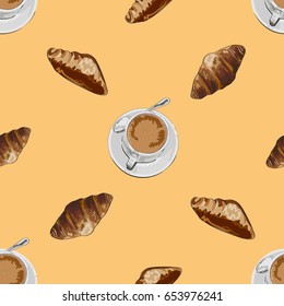 Hand drawn seamless pattern with cup of coffee and croissant  on orange background