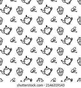 Hand drawn seamless pattern with cupcake, kettle, teapot, coffee pot, tea bag isolated on white background. Doodle sweet design in line art style. Adult and kids coloring page. Sweet food supplies