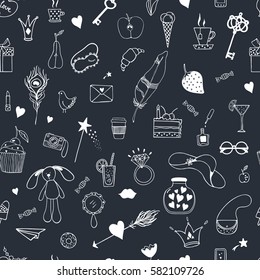 Hand drawn seamless pattern with cupcake, crown, ring, pizza, camera, feather, cat, letter,  on black background. Modern princess icons.  Design element for wrapping paper, textile.