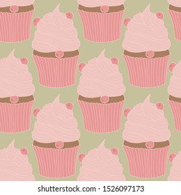 Hand drawn seamless pattern cupcakes with berries.