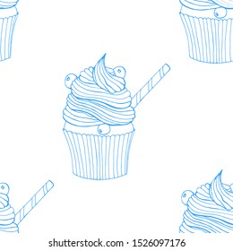 Hand drawn seamless pattern cupcakes with berries and straw.