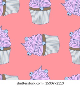 Hand drawn seamless pattern cupcakes with berries. Vector illustration.