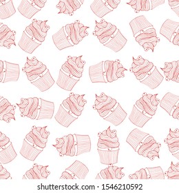 Hand drawn seamless pattern cupcakes with berries. Vector illustration.