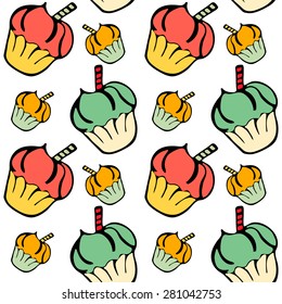 Hand drawn seamless pattern with cupcakes, cute background. Vector illustration.