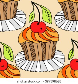 Hand drawn seamless pattern cupcakes. colors vector illustration.