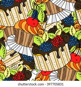 Hand drawn seamless pattern cupcakes. colors vector illustration.