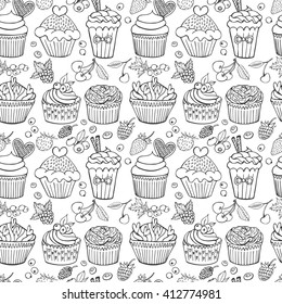 Hand drawn seamless pattern with cupcakes and berries. Vector set in vintage style. Sketch illustration, doodle elements. Sweet dessert menu.