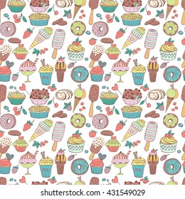 Hand drawn seamless pattern with cupcakes, berries, ice cream and donuts. Doodle elements, vector illustration. Sweet and cold dessert menu.