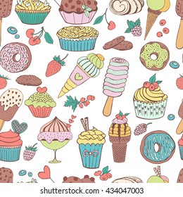 Hand drawn seamless pattern with cupcakes, berries, ice cream and donuts. Doodle sweet elements, vector illustration. Sweet and cold dessert menu.