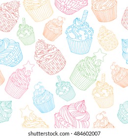 Hand drawn seamless pattern with cupcakes