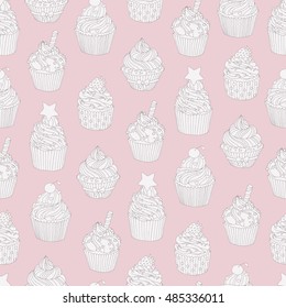 Hand drawn seamless pattern with cupcakes
