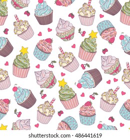 Hand drawn seamless pattern with cupcakes. Vector illustration. Packing for a gift, template for greeting cards, banners, congratulations, advertising.