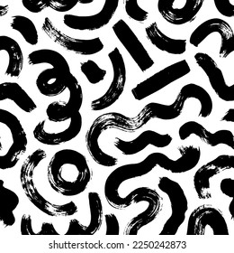 Hand drawn seamless pattern with curved lines. Chaotic ink brush scribbles decorative texture. Messy doodles, bold curvy lines ornament. Brush drawn abstract vector shapes. Dashes and stripes.