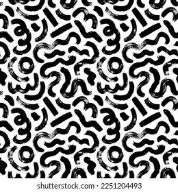 Patrón sin fisuras dibujado a mano con líneas curvas. El pincel de tinta caótica garabatea textura decorativa. Doodles desordenados, adorno de líneas curvas audaces. Pincel de formas vectoriales abstractas dibujadas. Disparos y rayas.