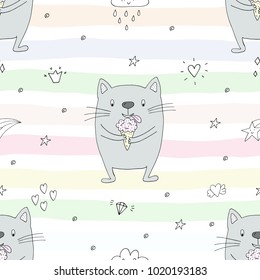 Hand drawn seamless pattern with cute cat, doodle illustration for kids, vector print