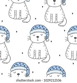 Hand drawn seamless pattern with cute cat, doodle illustration for kids vector print
