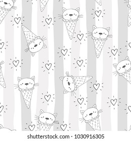 Hand drawn seamless pattern with cute cat, doodle illustration for kids, vector print