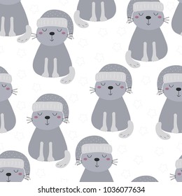 Hand drawn seamless pattern with cute cat, doodle illustration for kids vector print