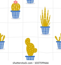 Hand drawn seamless pattern with cute flowers. Vector cactus and succulents in minimalist geometric style for printed, wrapping paper, textile, fabric, etc