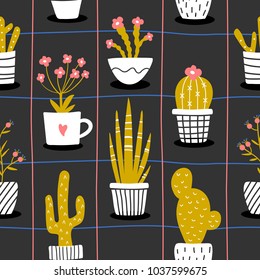 Hand drawn seamless pattern with cute flowers. Vector cactus and succulents in minimalist geometric style for printed, wrapping paper, textile, fabric, etc