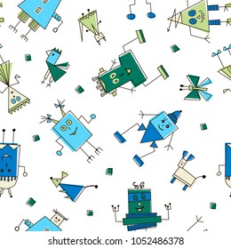 Hand drawn seamless pattern with cute robots.  Vector illustration for baby textile, design cards and posters, and surface design