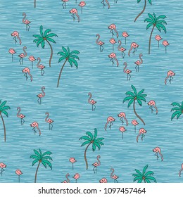 Hand drawn seamless pattern with cute tiny flamingos