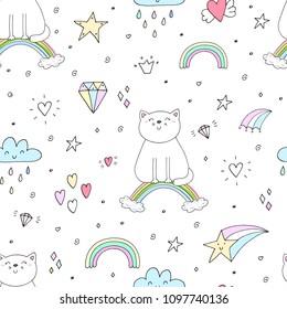 Hand drawn seamless pattern with cute cat on a rainbow, doodle illustration for kids vector print