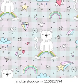 Hand drawn seamless pattern with cute cat on a rainbow, doodle illustration for kids vector print
