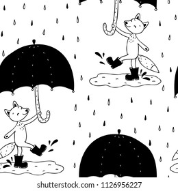 Hand drawn seamless pattern with cute fox with umbrella.