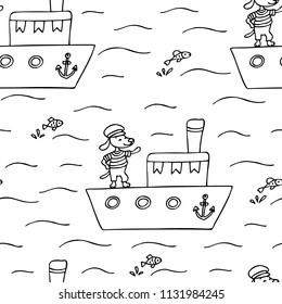 Hand drawn seamless pattern with cute dog on a ship.