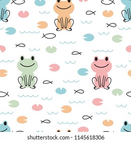 Hand drawn seamless pattern with cute cartoon frogs and fishes. Kids background. Childish design texture for fabric, wrapping, textile, decor. Vector illustration