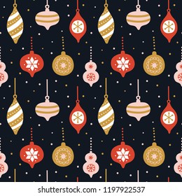 Hand drawn seamless pattern with cute christmas tree decorations. Repetitive New Year baubles print. Vector design template .