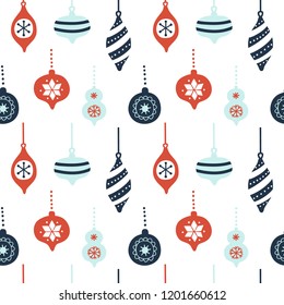 Hand drawn seamless pattern with cute christmas tree decorations. Repetitive christmas baubles wallpaper. Vector design template .