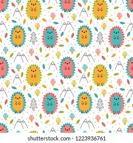 Hand drawn seamless pattern with cute cartoon hedgehogs. Childish design texture for fabric, wrapping, textile, decor. Kids background. Vector illustration