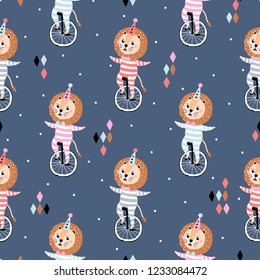 Hand drawn seamless pattern with cute circus lion on bicycle.