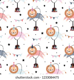 Hand drawn seamless pattern with cute circus lion jumping through ring.