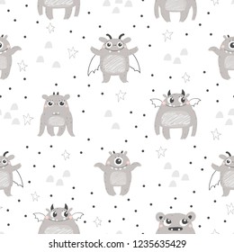 Hand drawn seamless pattern with cute monsters.