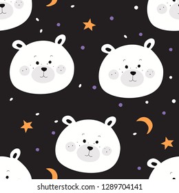 Hand drawn seamless pattern with cute bear face. Background with animal