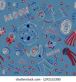 Hand drawn seamless pattern with cute astronaut girls, planets and cat.