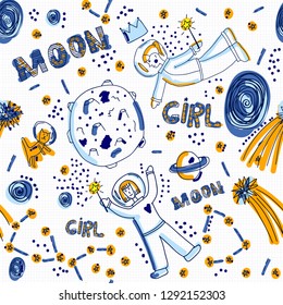 Hand drawn seamless pattern with cute astronaut girls, planets and cat.