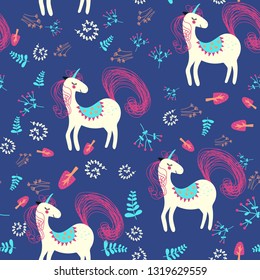 Hand drawn seamless pattern with cute unicorns, plants. Perfect for fabric, wallpaper, wrapping paper or nursery decor.Vector illustration.
