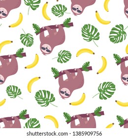 Hand drawn seamless pattern with cute sloths and tropical palm leaves. Vector
