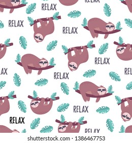 Hand drawn seamless pattern with cute sloths and tropical palm leaves. Vector