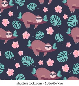 Hand drawn seamless pattern with cute sloths and tropical palm leaves. Vector