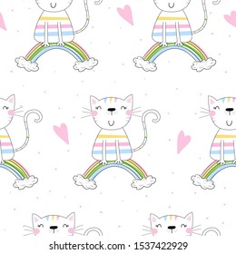 Hand drawn seamless pattern with cute cat on a rainbow, doodle illustration for kids vector print
