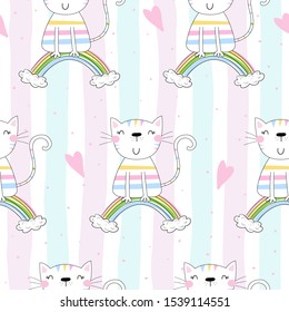 Hand drawn seamless pattern with cute cat on a rainbow, doodle illustration for kids vector print