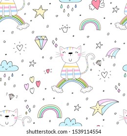 Hand drawn seamless pattern with cute cat on a rainbow, doodle illustration for kids vector print