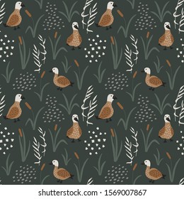 Hand drawn seamless pattern with cute Ducks in a reeds. Wild ducks in natural landscape repetitive background. Trendy vector illustration.