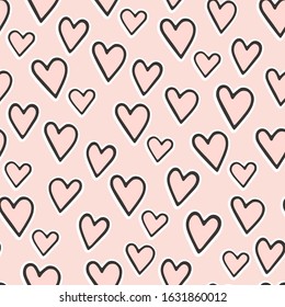 Hand drawn seamless pattern with cute pink hearts on a pink background. Сolorful doodle vector illustration for Birthday, baby room, greeting card, invitation, wallpaper, wrapping paper, packaging.