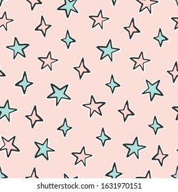 Hand Drawn Seamless Pattern Of Cute Pink And Blue Stars On A Pink Background. Сolorful Doodle Vector Illustration For Birthday, Baby Room, Greeting Card, Invitation, Wallpaper, Wrapping Paper